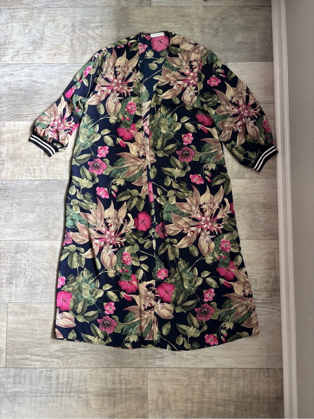 Cherish Floral L Kimono Cardigan Duster Long Open Front Striped Cuffs-113